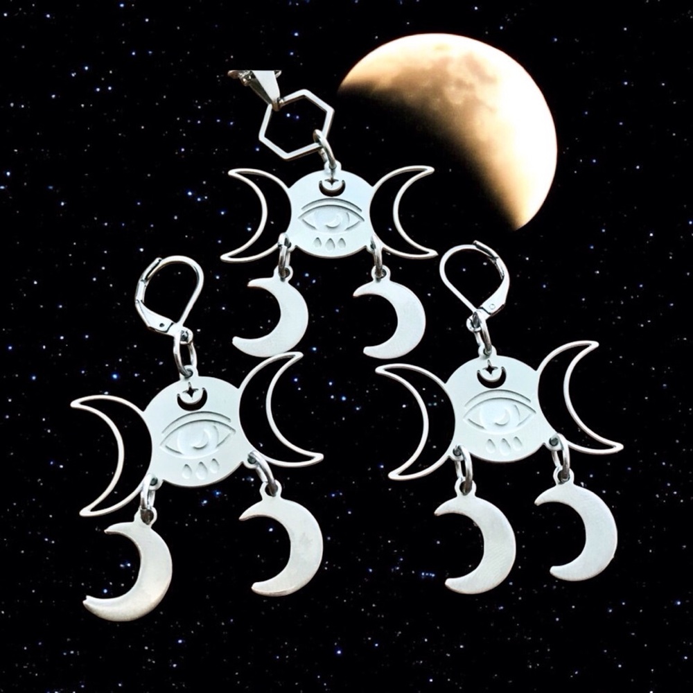 🆕 Third Eye and Moon Laser Etched Necklace and Earrings Set Stainless Steel